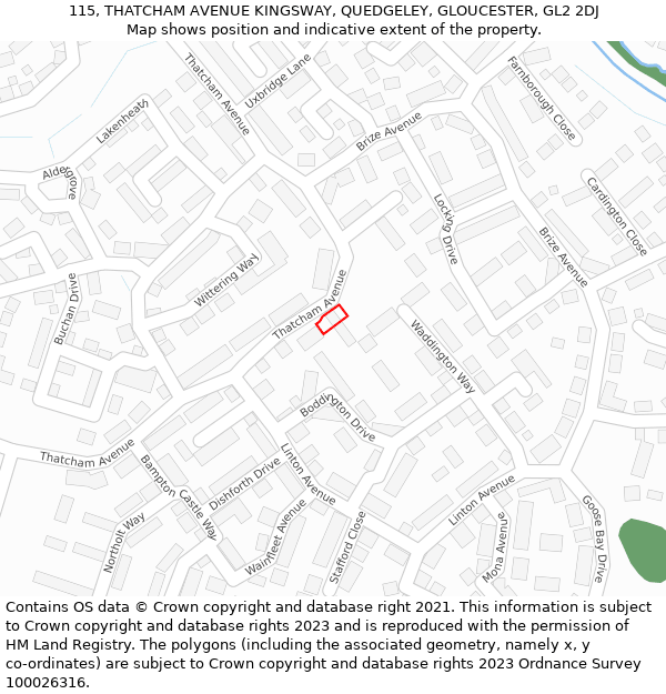 115, THATCHAM AVENUE KINGSWAY, QUEDGELEY, GLOUCESTER, GL2 2DJ: Location map and indicative extent of plot