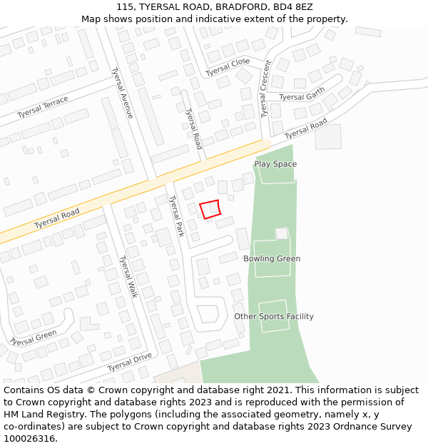115, TYERSAL ROAD, BRADFORD, BD4 8EZ: Location map and indicative extent of plot