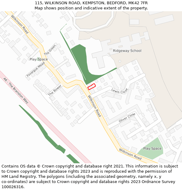 115, WILKINSON ROAD, KEMPSTON, BEDFORD, MK42 7FR: Location map and indicative extent of plot
