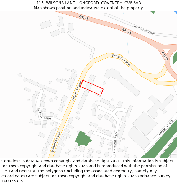 115, WILSONS LANE, LONGFORD, COVENTRY, CV6 6AB: Location map and indicative extent of plot