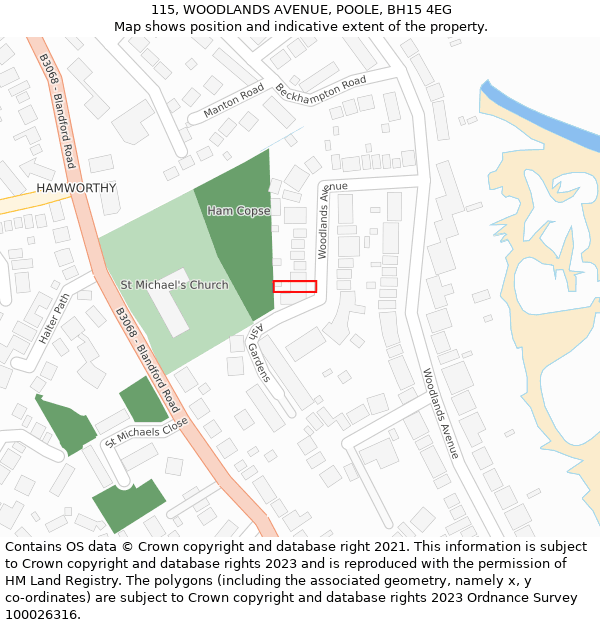 115, WOODLANDS AVENUE, POOLE, BH15 4EG: Location map and indicative extent of plot