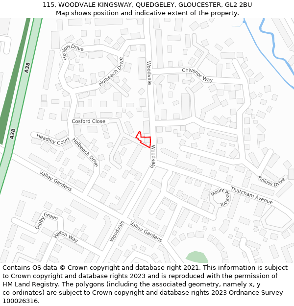 115, WOODVALE KINGSWAY, QUEDGELEY, GLOUCESTER, GL2 2BU: Location map and indicative extent of plot