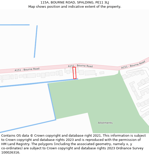 115A, BOURNE ROAD, SPALDING, PE11 3LJ: Location map and indicative extent of plot