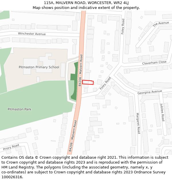 115A, MALVERN ROAD, WORCESTER, WR2 4LJ: Location map and indicative extent of plot