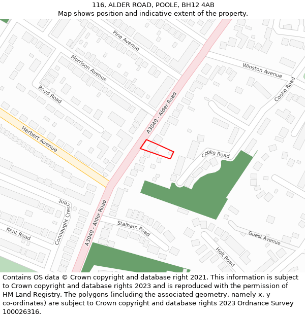 116, ALDER ROAD, POOLE, BH12 4AB: Location map and indicative extent of plot