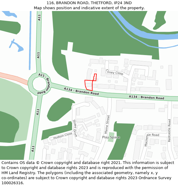 116, BRANDON ROAD, THETFORD, IP24 3ND: Location map and indicative extent of plot