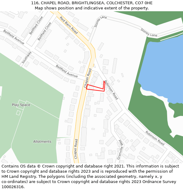 116, CHAPEL ROAD, BRIGHTLINGSEA, COLCHESTER, CO7 0HE: Location map and indicative extent of plot