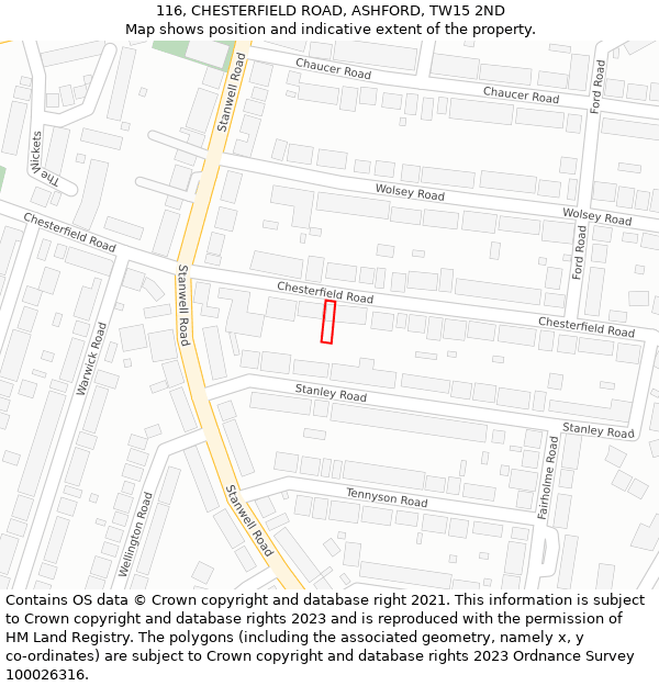 116, CHESTERFIELD ROAD, ASHFORD, TW15 2ND: Location map and indicative extent of plot