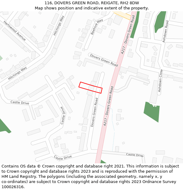 116, DOVERS GREEN ROAD, REIGATE, RH2 8DW: Location map and indicative extent of plot