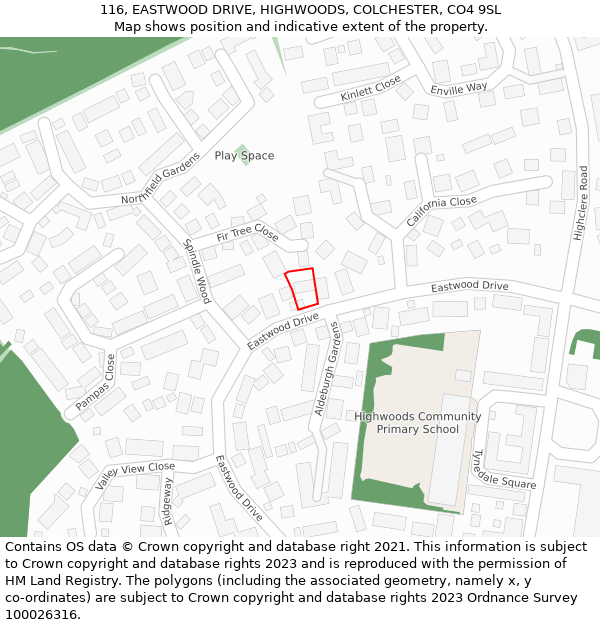 116, EASTWOOD DRIVE, HIGHWOODS, COLCHESTER, CO4 9SL: Location map and indicative extent of plot