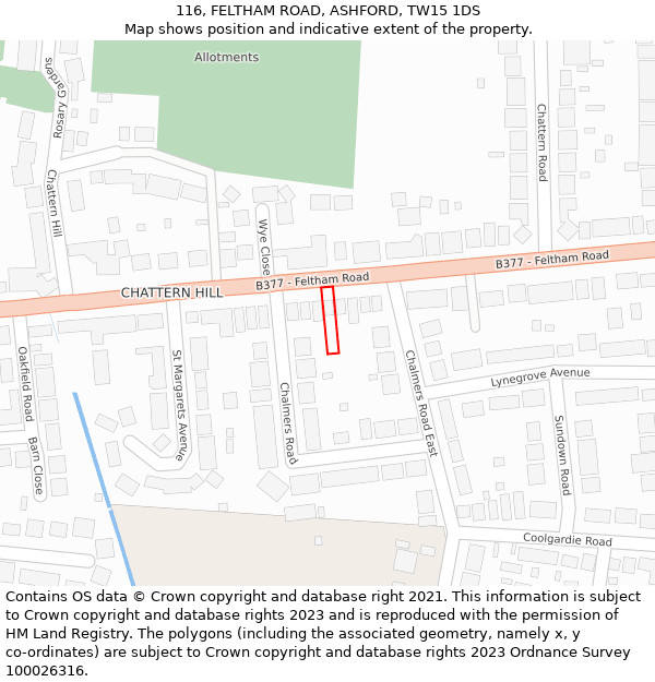 116, FELTHAM ROAD, ASHFORD, TW15 1DS: Location map and indicative extent of plot