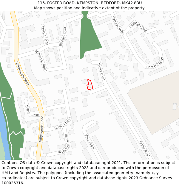 116, FOSTER ROAD, KEMPSTON, BEDFORD, MK42 8BU: Location map and indicative extent of plot