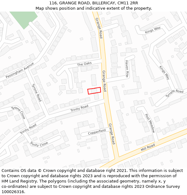 116, GRANGE ROAD, BILLERICAY, CM11 2RR: Location map and indicative extent of plot