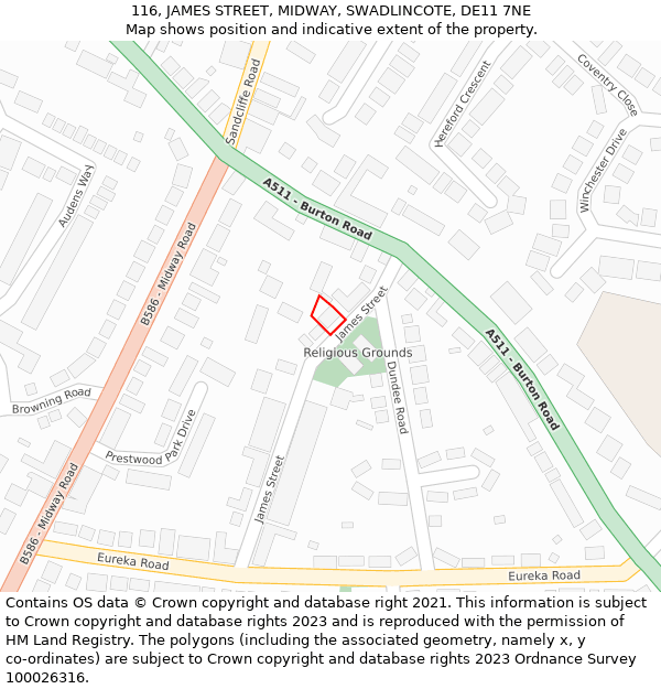 116, JAMES STREET, MIDWAY, SWADLINCOTE, DE11 7NE: Location map and indicative extent of plot