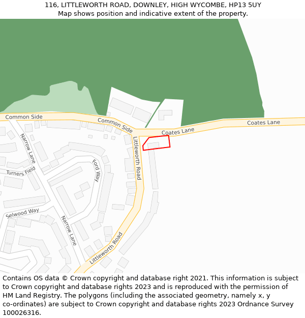 116, LITTLEWORTH ROAD, DOWNLEY, HIGH WYCOMBE, HP13 5UY: Location map and indicative extent of plot