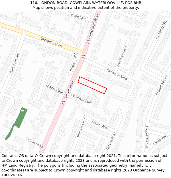 116, LONDON ROAD, COWPLAIN, WATERLOOVILLE, PO8 8HB: Location map and indicative extent of plot