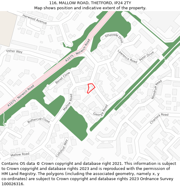 116, MALLOW ROAD, THETFORD, IP24 2TY: Location map and indicative extent of plot