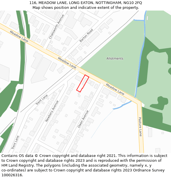 116, MEADOW LANE, LONG EATON, NOTTINGHAM, NG10 2FQ: Location map and indicative extent of plot