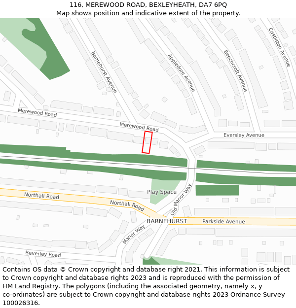 116, MEREWOOD ROAD, BEXLEYHEATH, DA7 6PQ: Location map and indicative extent of plot