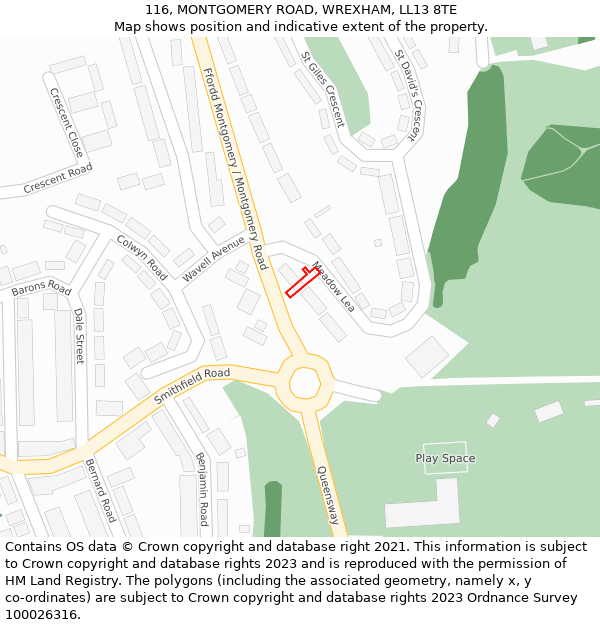 116, MONTGOMERY ROAD, WREXHAM, LL13 8TE: Location map and indicative extent of plot