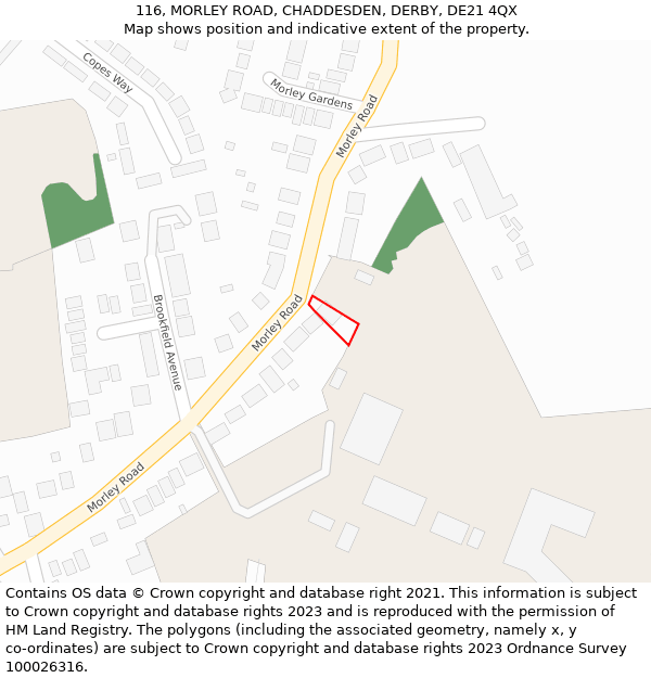 116, MORLEY ROAD, CHADDESDEN, DERBY, DE21 4QX: Location map and indicative extent of plot