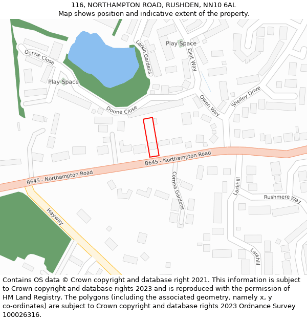 116, NORTHAMPTON ROAD, RUSHDEN, NN10 6AL: Location map and indicative extent of plot