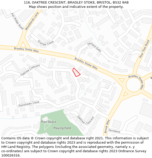 116, OAKTREE CRESCENT, BRADLEY STOKE, BRISTOL, BS32 9AB: Location map and indicative extent of plot