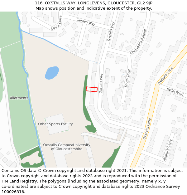 116, OXSTALLS WAY, LONGLEVENS, GLOUCESTER, GL2 9JP: Location map and indicative extent of plot