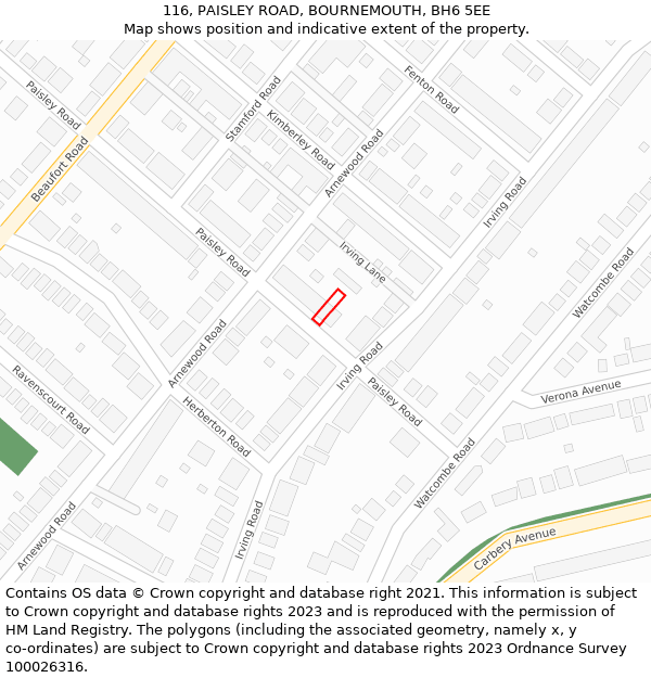 116, PAISLEY ROAD, BOURNEMOUTH, BH6 5EE: Location map and indicative extent of plot