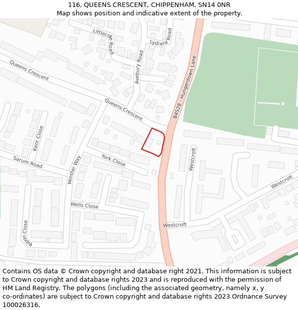 116, QUEENS CRESCENT, CHIPPENHAM, SN14 0NR: Location map and indicative extent of plot