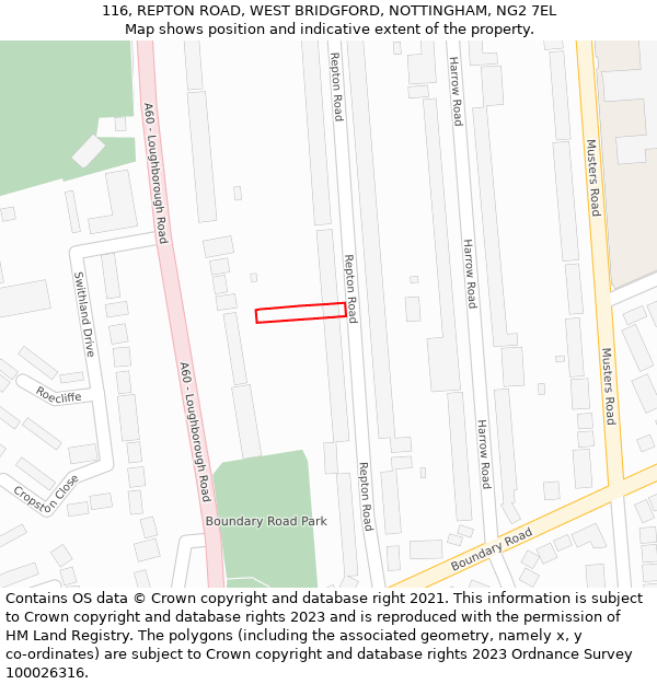 116, REPTON ROAD, WEST BRIDGFORD, NOTTINGHAM, NG2 7EL: Location map and indicative extent of plot