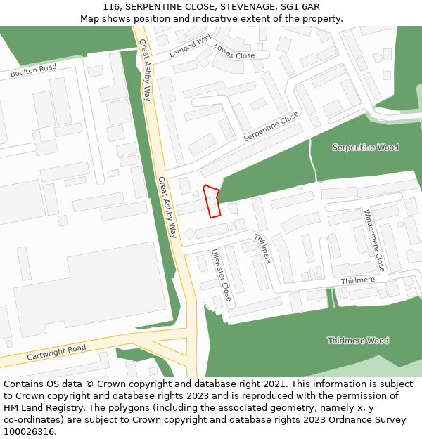 116, SERPENTINE CLOSE, STEVENAGE, SG1 6AR: Location map and indicative extent of plot