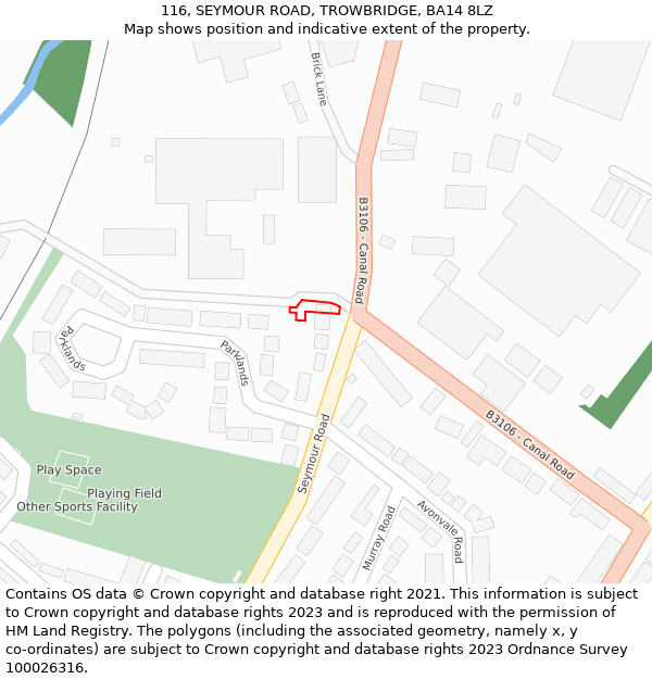 116, SEYMOUR ROAD, TROWBRIDGE, BA14 8LZ: Location map and indicative extent of plot