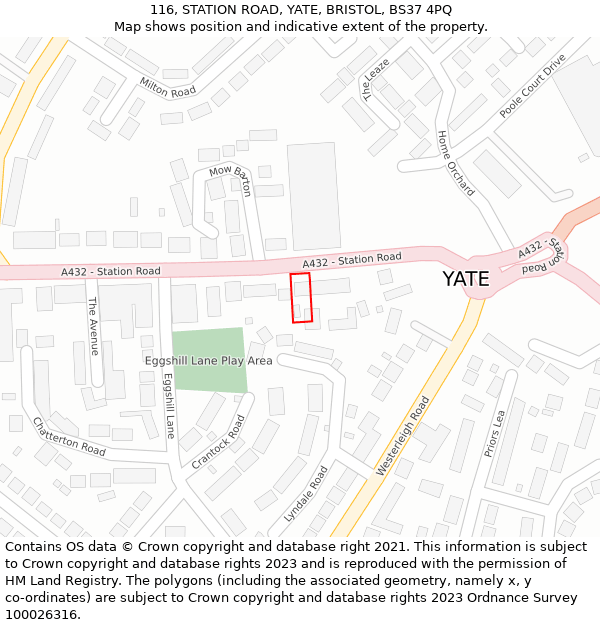 116, STATION ROAD, YATE, BRISTOL, BS37 4PQ: Location map and indicative extent of plot