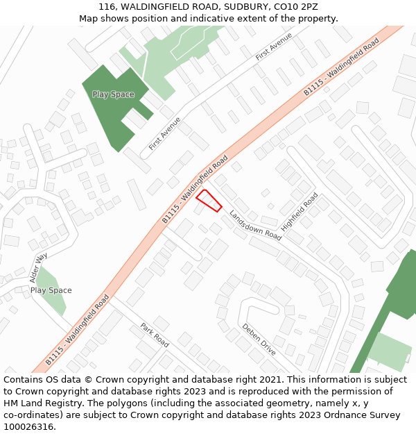 116, WALDINGFIELD ROAD, SUDBURY, CO10 2PZ: Location map and indicative extent of plot