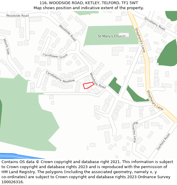 116, WOODSIDE ROAD, KETLEY, TELFORD, TF1 5WT: Location map and indicative extent of plot