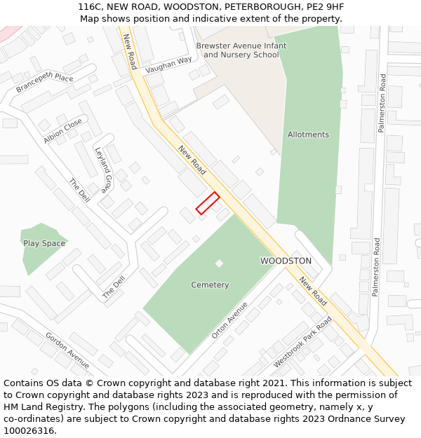 116C, NEW ROAD, WOODSTON, PETERBOROUGH, PE2 9HF: Location map and indicative extent of plot