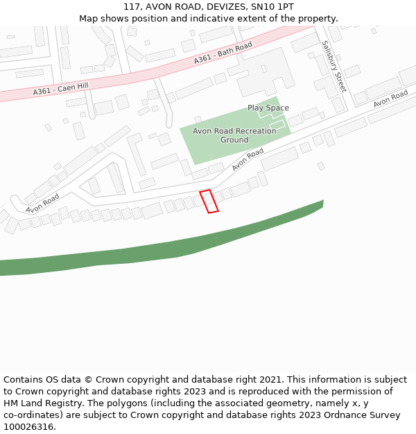 117, AVON ROAD, DEVIZES, SN10 1PT: Location map and indicative extent of plot