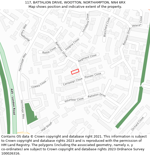 117, BATTALION DRIVE, WOOTTON, NORTHAMPTON, NN4 6RX: Location map and indicative extent of plot