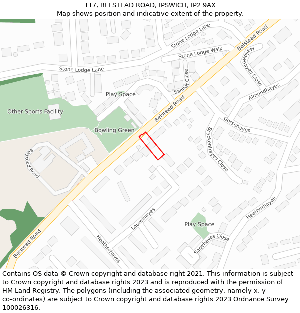 117, BELSTEAD ROAD, IPSWICH, IP2 9AX: Location map and indicative extent of plot