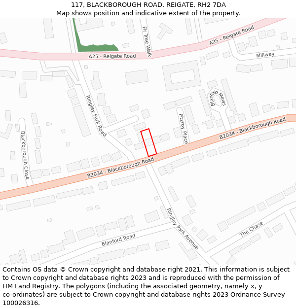 117, BLACKBOROUGH ROAD, REIGATE, RH2 7DA: Location map and indicative extent of plot