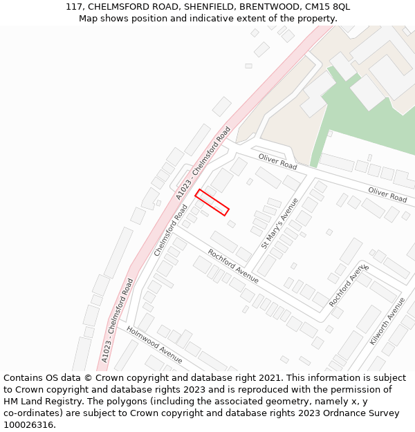 117, CHELMSFORD ROAD, SHENFIELD, BRENTWOOD, CM15 8QL: Location map and indicative extent of plot