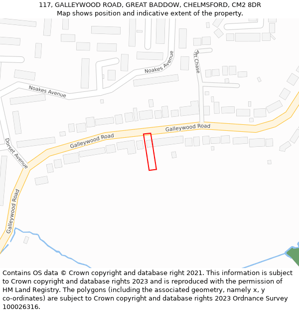 117, GALLEYWOOD ROAD, GREAT BADDOW, CHELMSFORD, CM2 8DR: Location map and indicative extent of plot