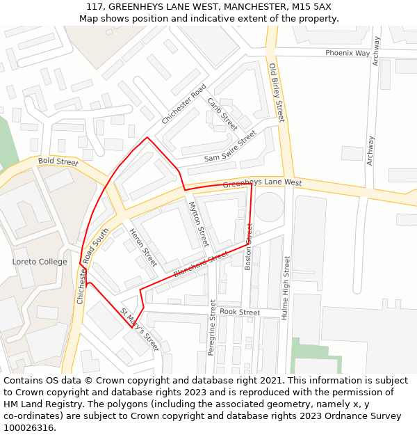 117, GREENHEYS LANE WEST, MANCHESTER, M15 5AX: Location map and indicative extent of plot