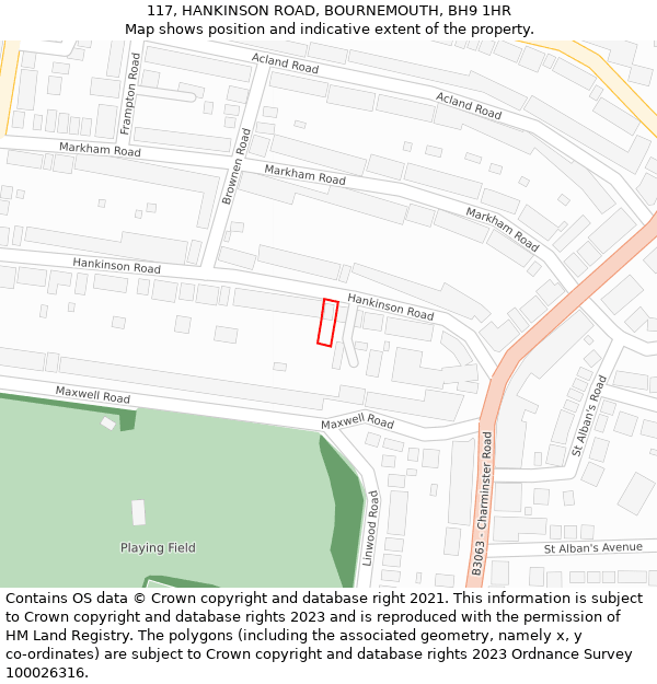 117, HANKINSON ROAD, BOURNEMOUTH, BH9 1HR: Location map and indicative extent of plot