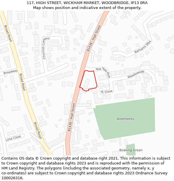 117, HIGH STREET, WICKHAM MARKET, WOODBRIDGE, IP13 0RA: Location map and indicative extent of plot
