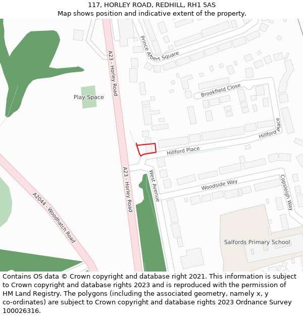 117, HORLEY ROAD, REDHILL, RH1 5AS: Location map and indicative extent of plot