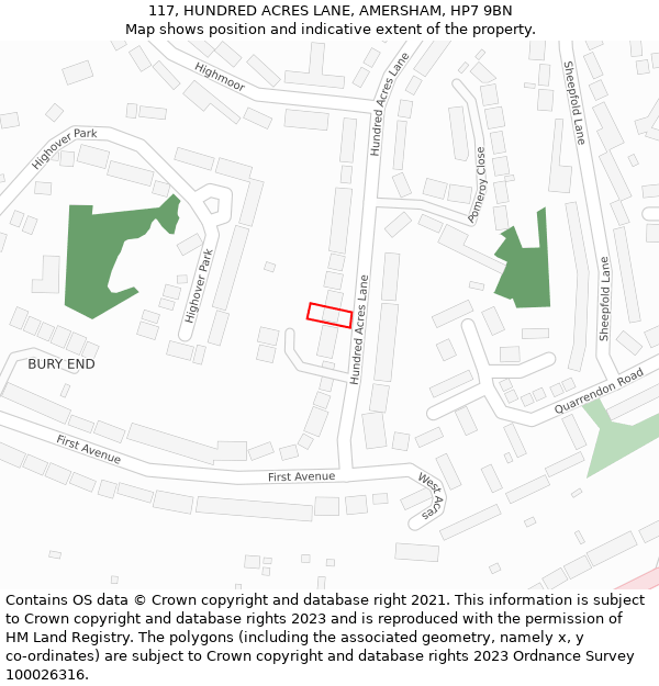 117, HUNDRED ACRES LANE, AMERSHAM, HP7 9BN: Location map and indicative extent of plot