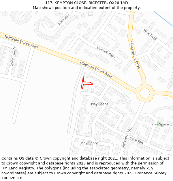 117, KEMPTON CLOSE, BICESTER, OX26 1AD: Location map and indicative extent of plot