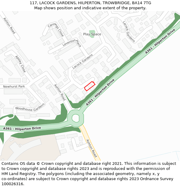 117, LACOCK GARDENS, HILPERTON, TROWBRIDGE, BA14 7TG: Location map and indicative extent of plot